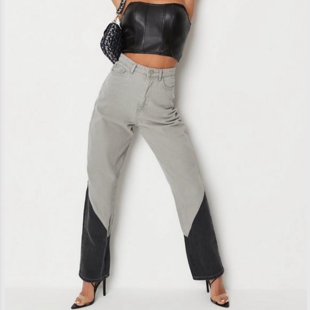 grey contrast panel loose straight leg jeans